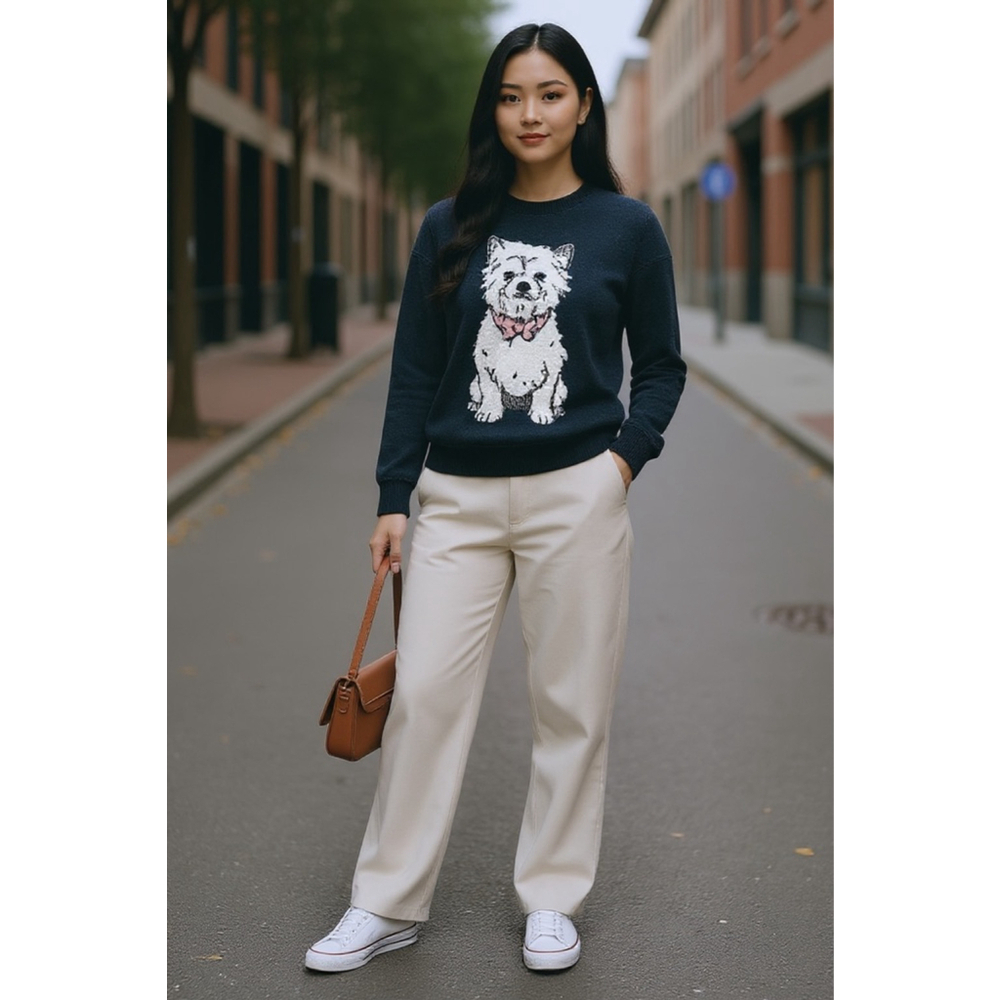 Women's Sweater Hound Black White Dog Crew Neck Sweater S - Picture 1 of 6
